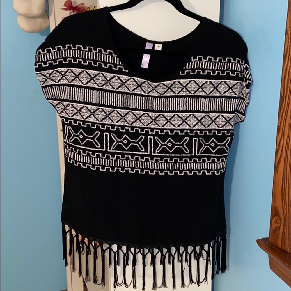 Black Fringe Blouse with White Embroidery
